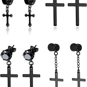 4 Pairs Stainless Steel Dangle Hinged Hoop Earrings Huggie Earrings Piercing CZ